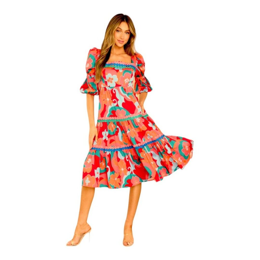 Alden Adair Boho Midi Mia Trippy Dress Pockets Puff Sleeve Size Small NWT - Picture 1 of 11